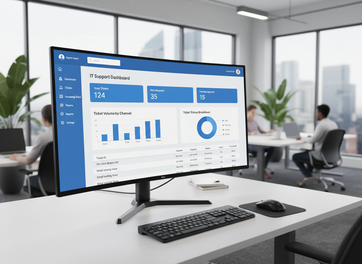 A modern customer service helpdesk interface on a computer screen, showing ticket tracking, IT support dashboard with clean UI, professional office setting