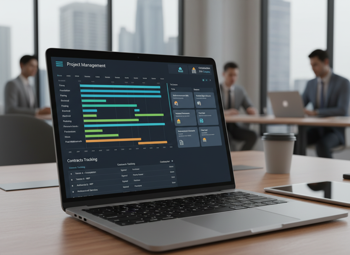 A professional project management dashboard showing Gantt charts, kanban boards, construction and contracts tracking, modern UI on a laptop screen in a corporate office