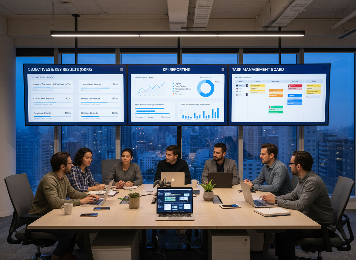 A team productivity dashboard showing OKRs, KPI reporting charts, task boards, team collaboration in a modern office with multiple screens