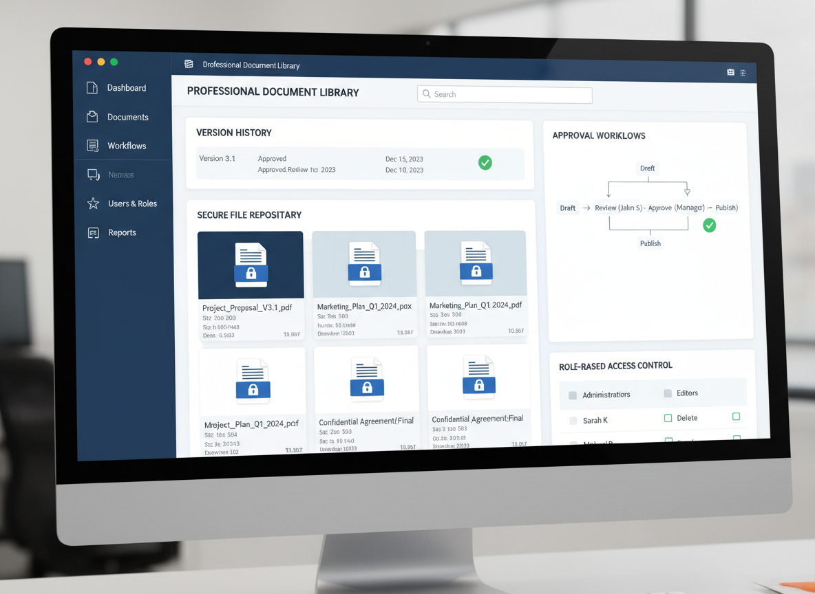 A document management system on screen showing versioning, approval workflows, secure file repository, role-based access control, professional document library interface